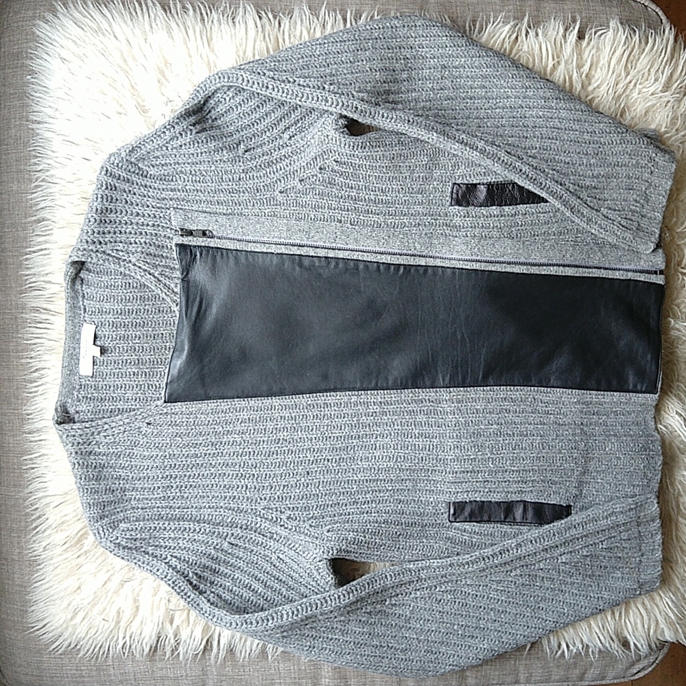Madewell Merino Wool and Leather Moto Jacket Sweater Gray & Black Zip Medium